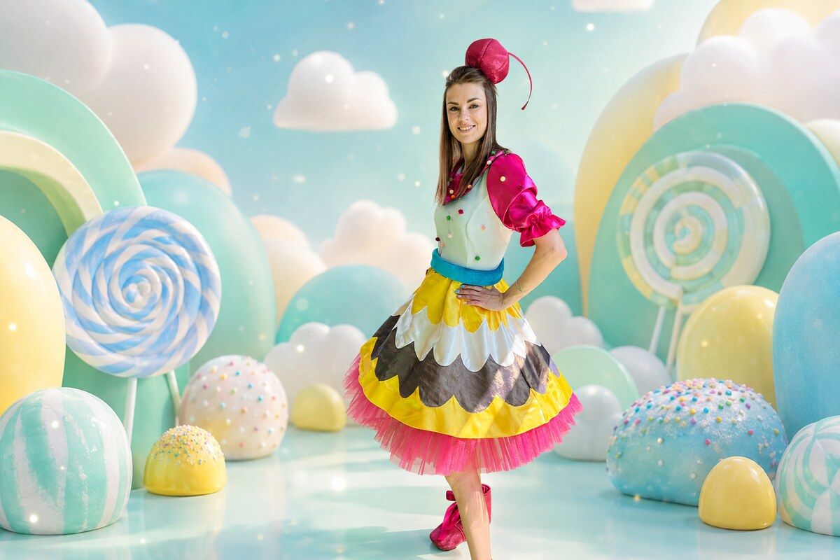 Animatorka Candy Lady w kolorowej sukni na pastelowym tle cukierkowego miasteczka