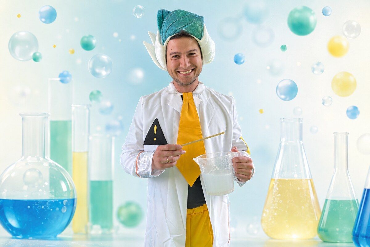 Animator Chemik z laboratoryjnymi rekwizytami na jasnym tle pełnym kolorowych doświadczeń