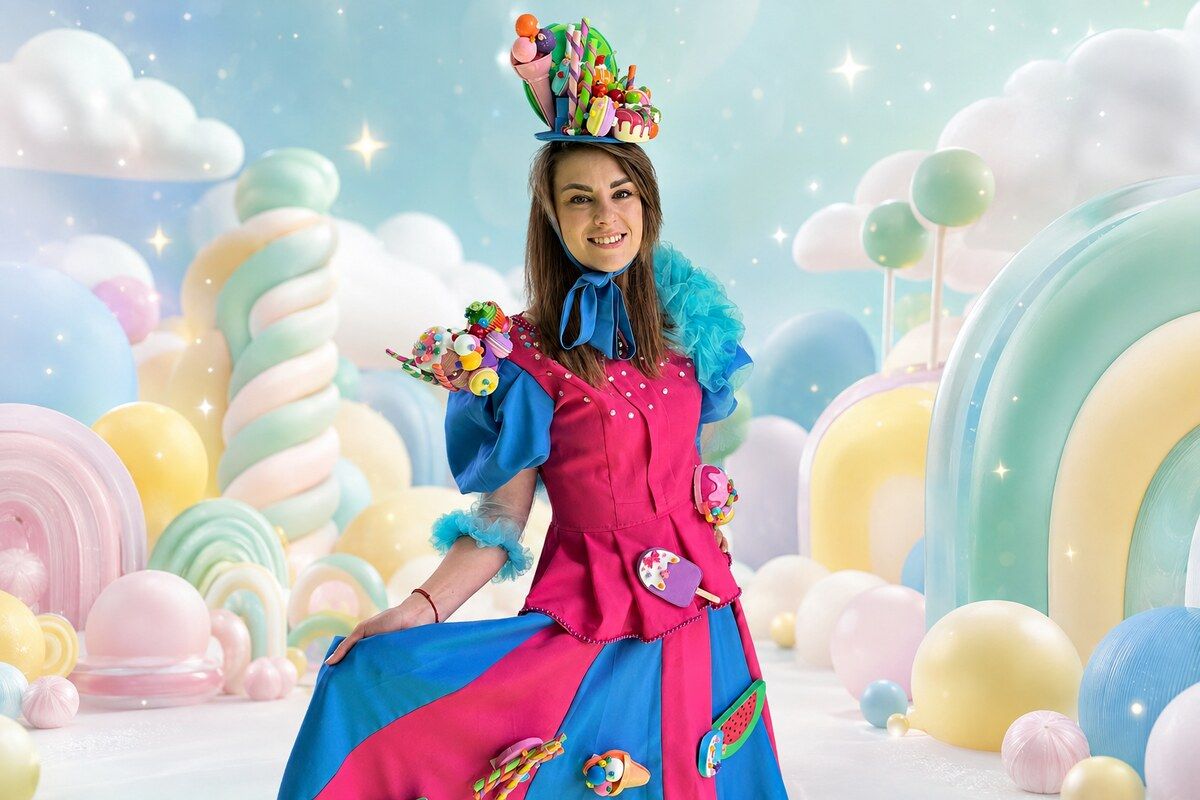 Animatorka Cukiereczek w barwnym kostiumie na pastelowym tle pełnym słodyczy