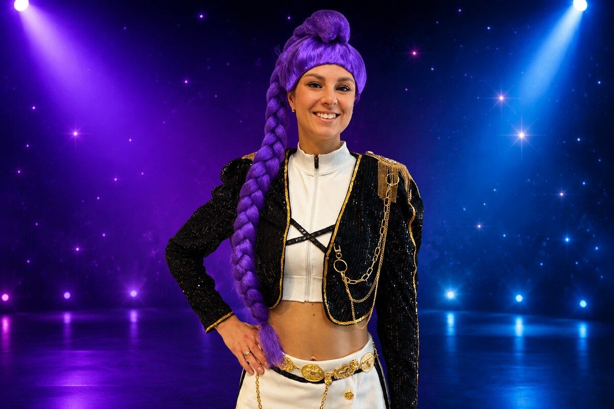Animatorka w kostiumie Rumi z fioletowym warkoczem na świetlistej scenie K-pop
